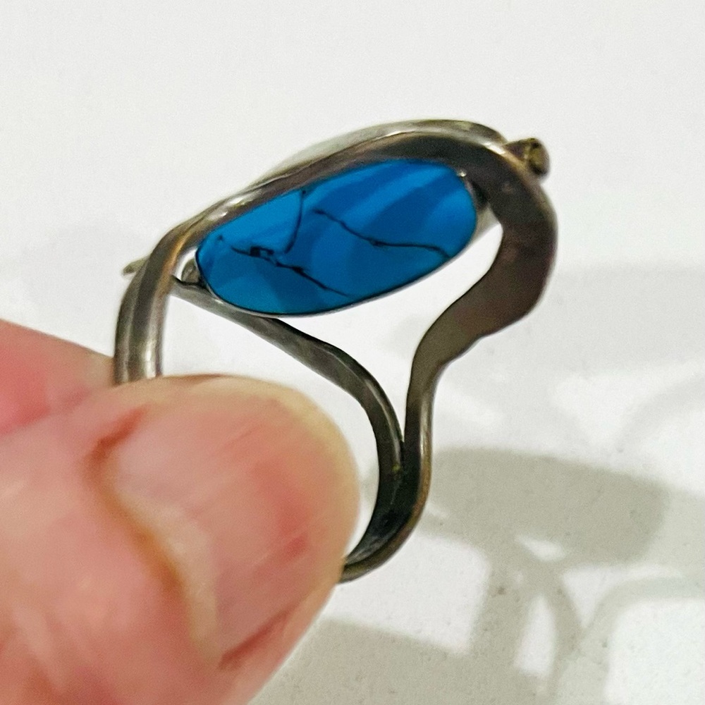 RARE VTG Reversible Artisan Ring, Tibetan Silver,Dual Turquoise Cabochons, Sz 9 - Picture 5 of 11